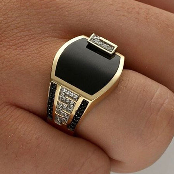 Golden Wide Face With Black Diamond Ring