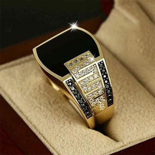 Golden Wide Face With Black Diamond Ring