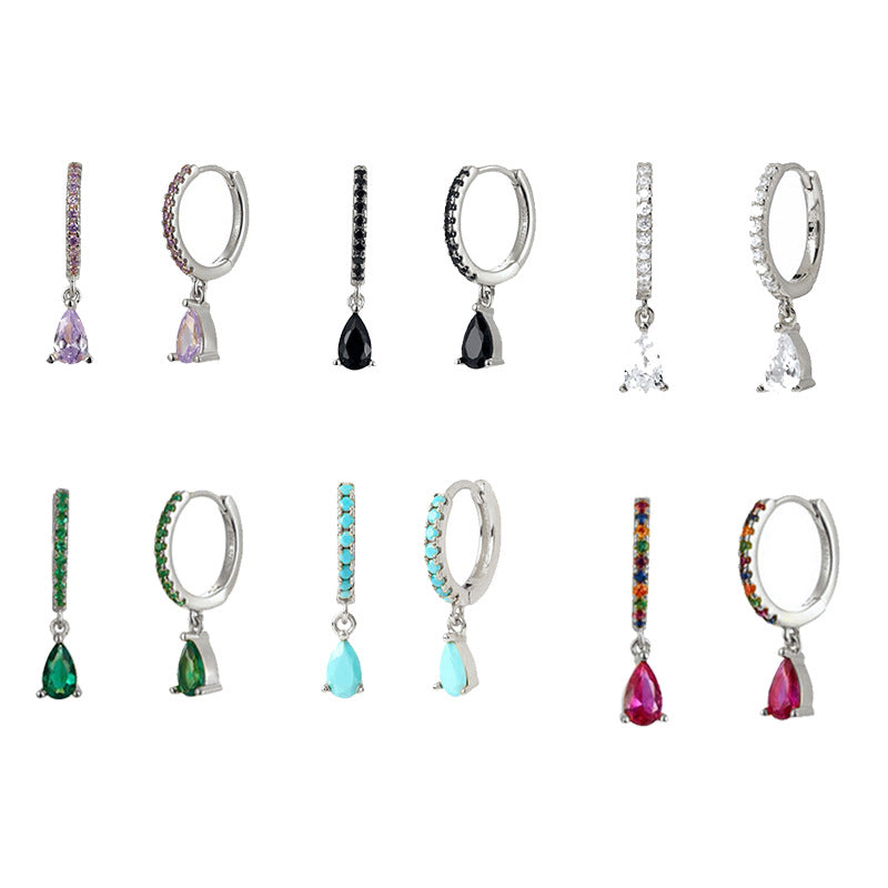 Women's Luxury Sier Needle Style Geometric Water Drop Diamond French Ear Earrings