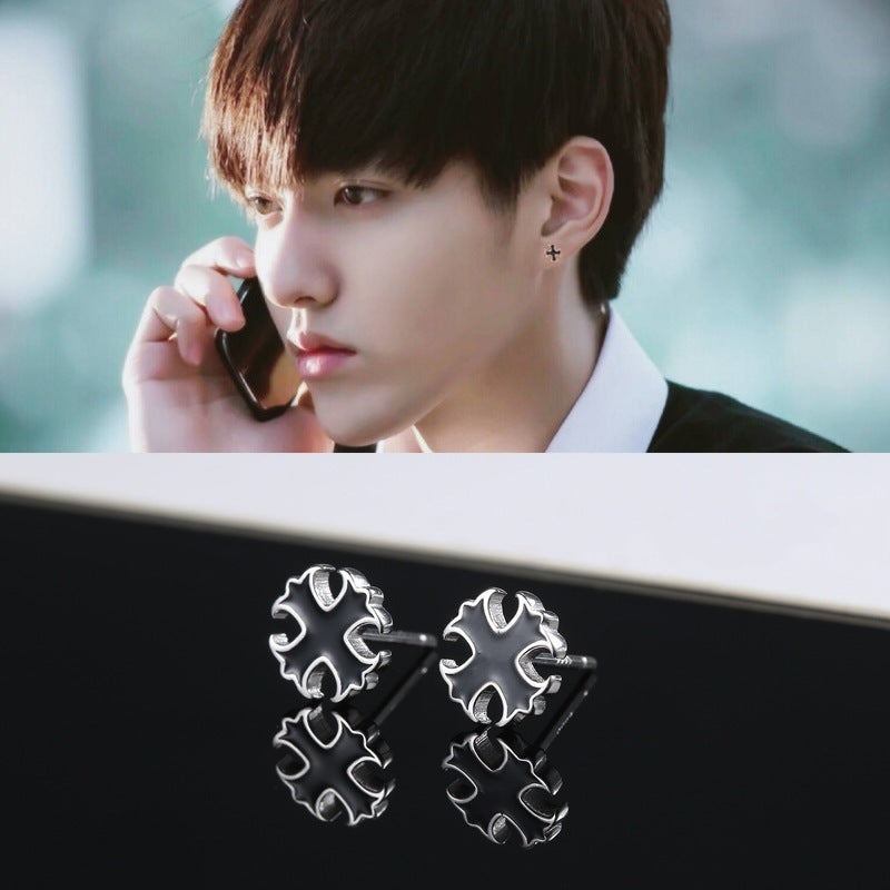 Men's Korean Style Sier Trendy Black Cross Rings