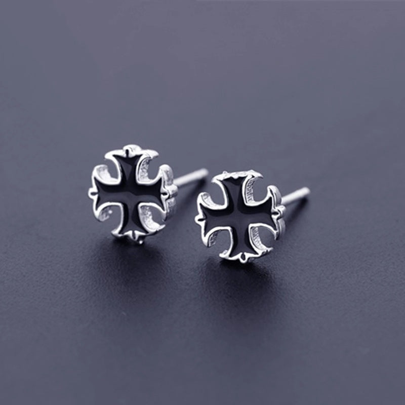 Men's Korean Style Sier Trendy Black Cross Rings