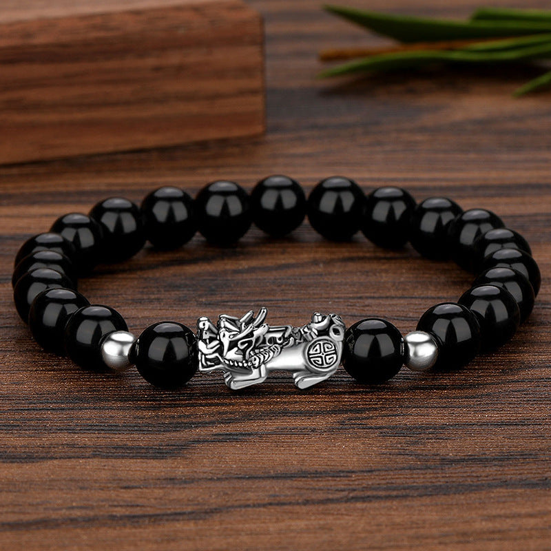 Women's & Men's Sier Mantra Sanskrit Lucky Beads Retro Chic Obsidian Bracelet