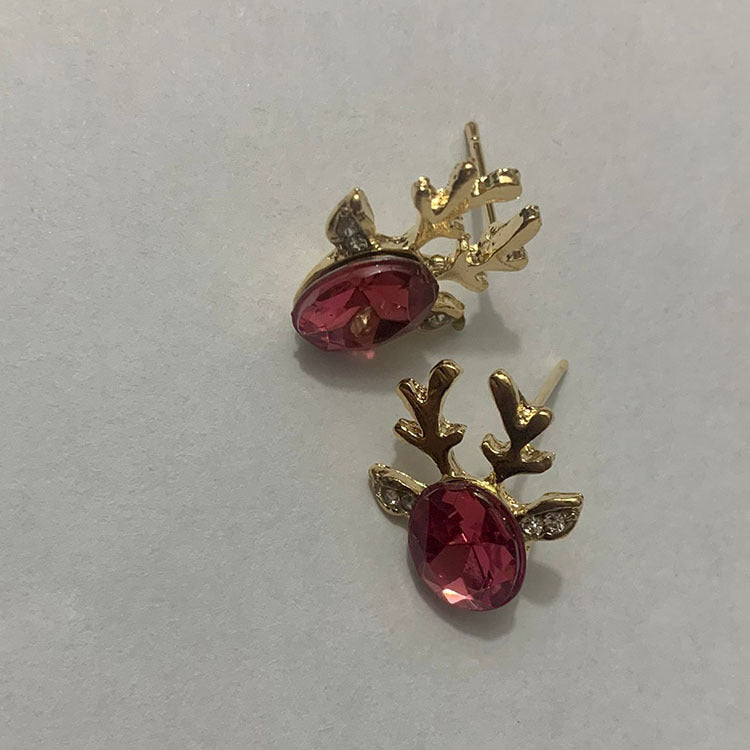 Christmas Crystal Gem Antlers Stereo Reindeer Earrings