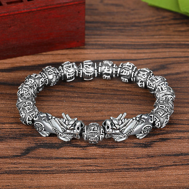 Women's & Men's Sier Mantra Sanskrit Lucky Beads Retro Chic Obsidian Bracelet
