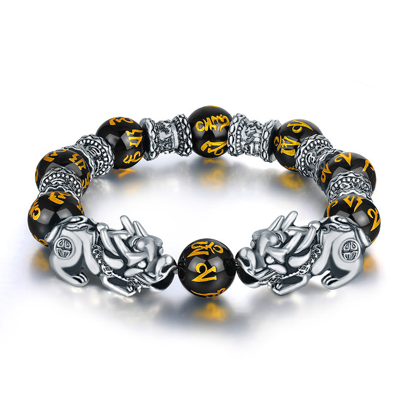 Women's & Men's Sier Mantra Sanskrit Lucky Beads Retro Chic Obsidian Bracelet