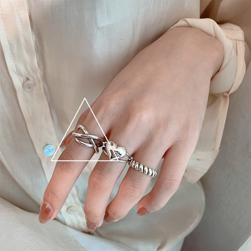 Sier Simple Retro Loving Heart With Opening Index Rings