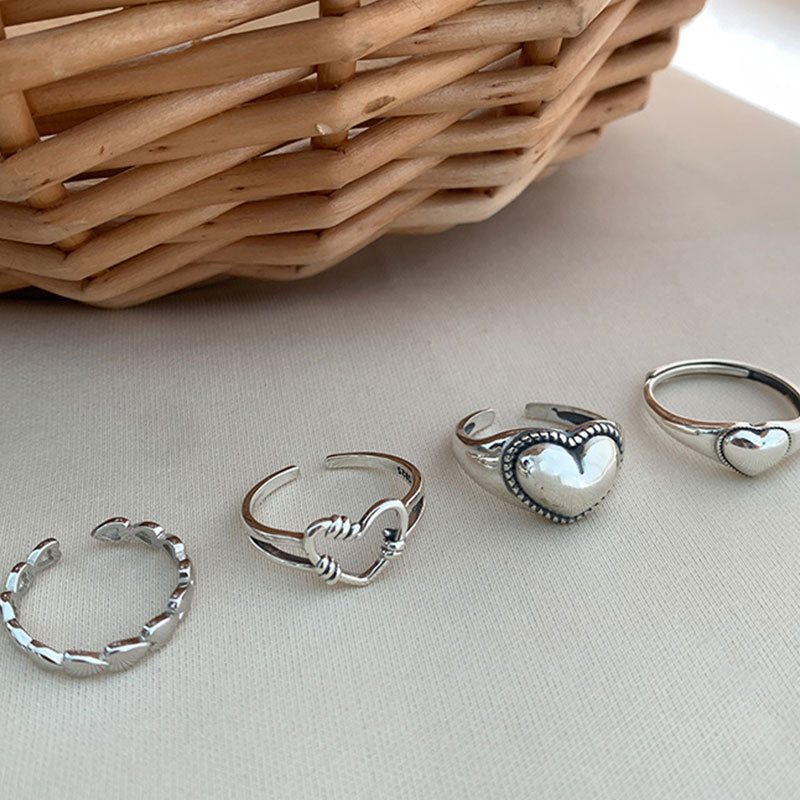 Sier Simple Retro Loving Heart With Opening Index Rings