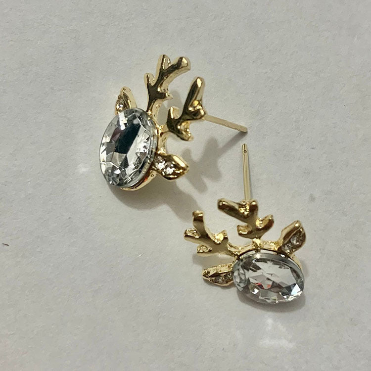 Christmas Crystal Gem Antlers Stereo Reindeer Earrings