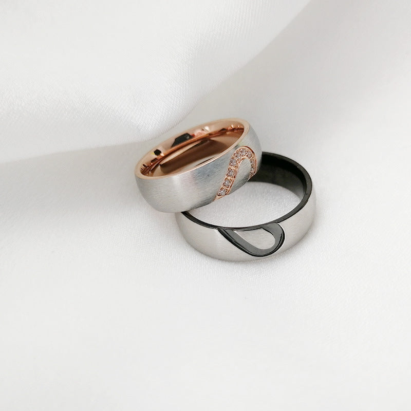 Innovative Titanium Steel Couple Heart-shaped Zircon Rings