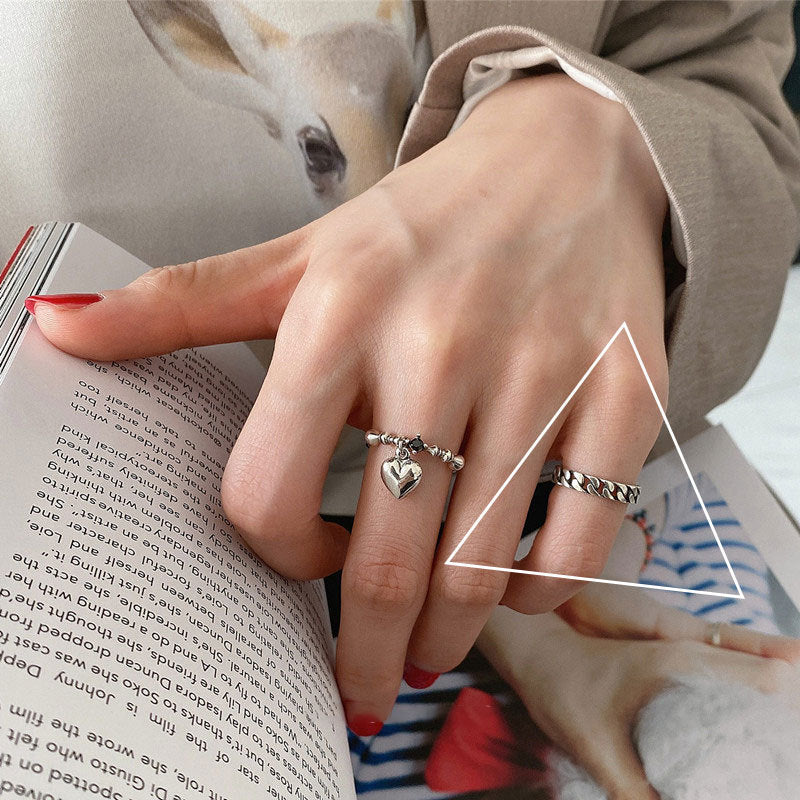 Sier Simple Retro Loving Heart With Opening Index Rings