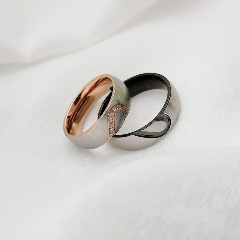 Innovative Titanium Steel Couple Heart-shaped Zircon Rings