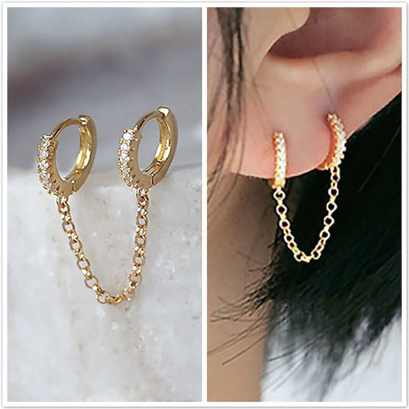 Women's Exquisite Fashion Long Chain Eardrops Copper Inlaid Zircon Double Ear Earrings