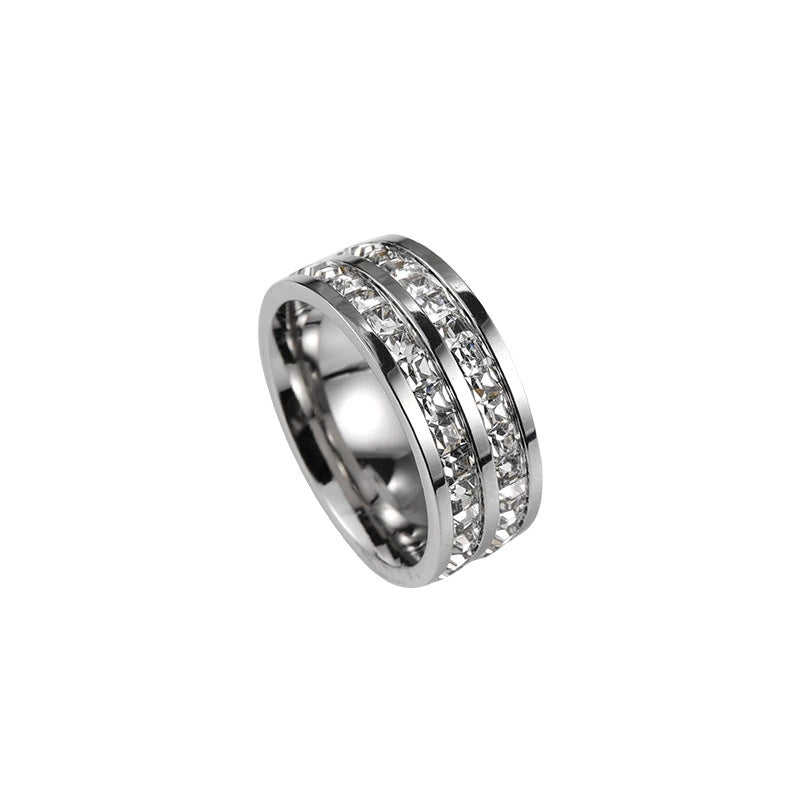 Women's & Men's Double Row Diamond Stainless Steel Personality Small Square Full Ring