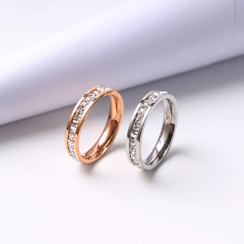 Women's & Men's Double Row Diamond Stainless Steel Personality Small Square Full Ring