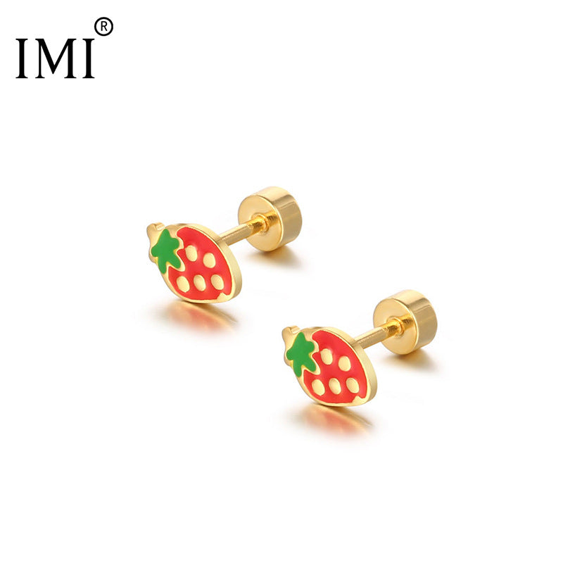 Korean Style Cute Compact Colorful Strawberry Street Shot Titanium Steel Earrings