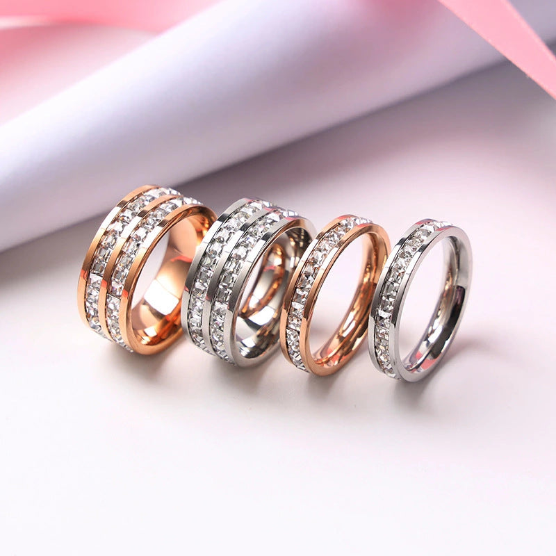 Women's & Men's Double Row Diamond Stainless Steel Personality Small Square Full Ring