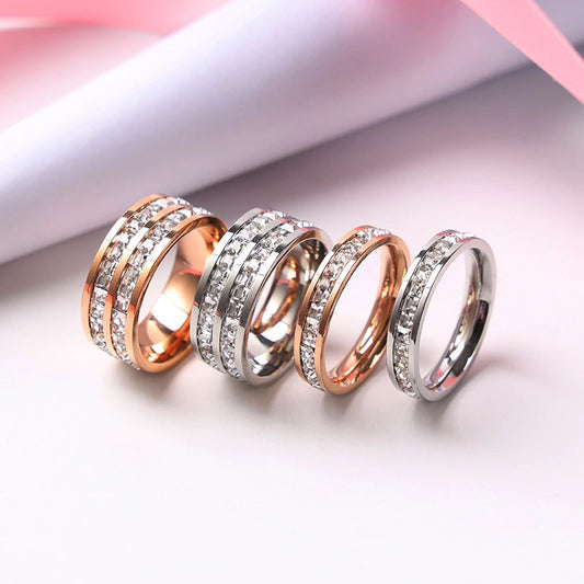 Women's & Men's Double Row Diamond Stainless Steel Personality Small Square Full Ring
