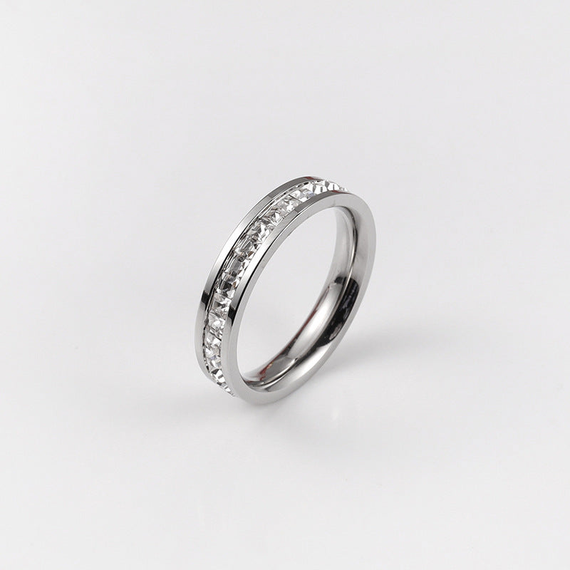 Women's & Men's Double Row Diamond Stainless Steel Personality Small Square Full Ring