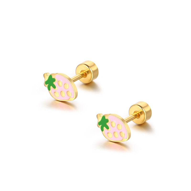 Korean Style Cute Compact Colorful Strawberry Street Shot Titanium Steel Earrings