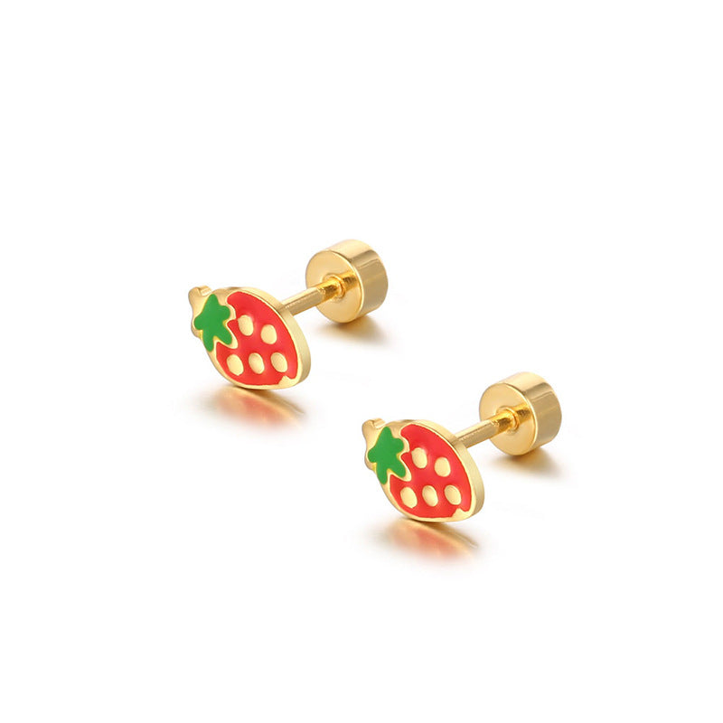 Korean Style Cute Compact Colorful Strawberry Street Shot Titanium Steel Earrings