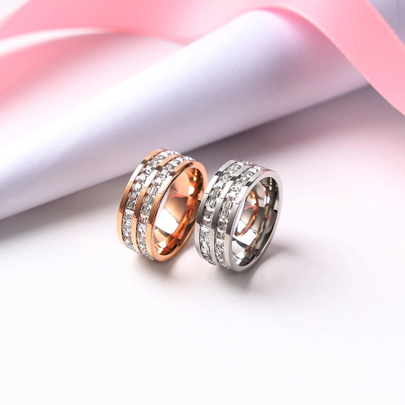Women's & Men's Double Row Diamond Stainless Steel Personality Small Square Full Ring