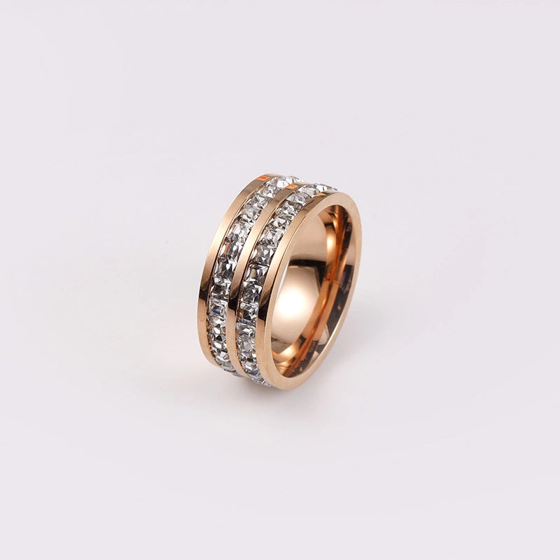Women's & Men's Double Row Diamond Stainless Steel Personality Small Square Full Ring