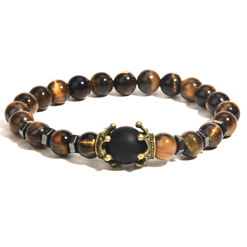 Men's Listed Charm Fashion Crown Tigereye Beaded Bracelet