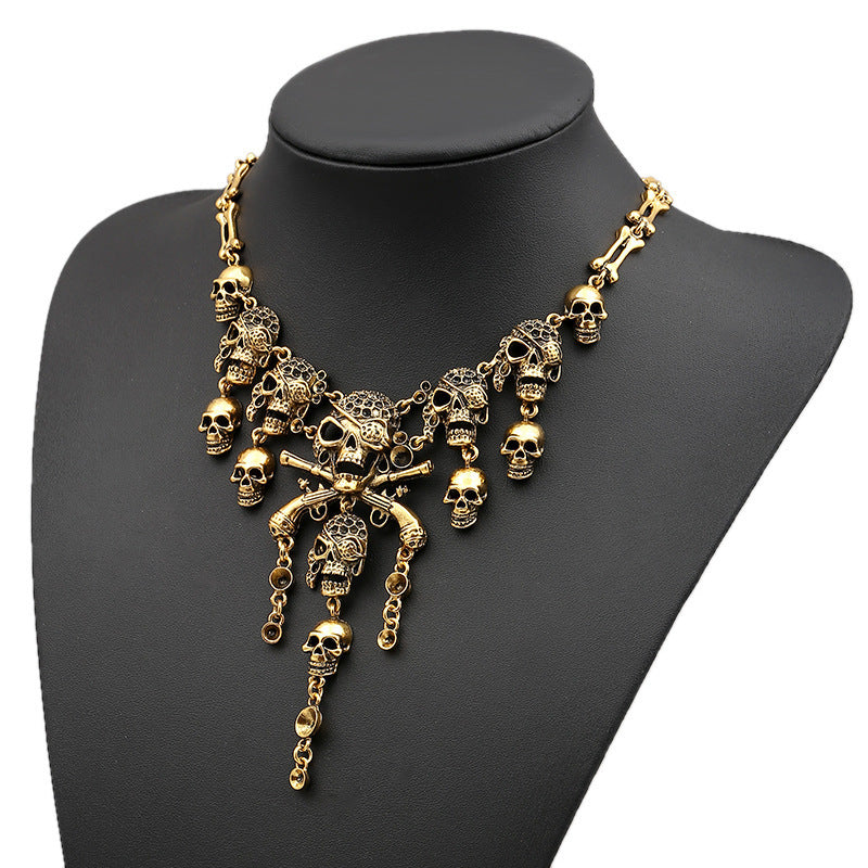 Women's Retro Exaggerated Skull Ghost Head Tassel Alloy Necklace