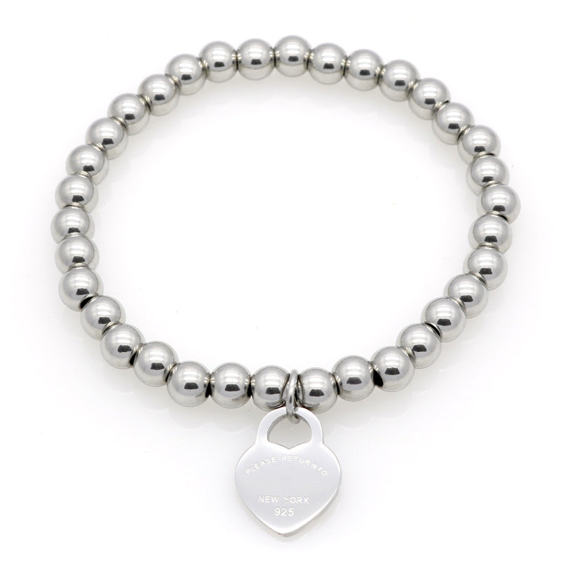 Women's Home Stainless Steel Peach Heart Ball Bead Chain Bracelet