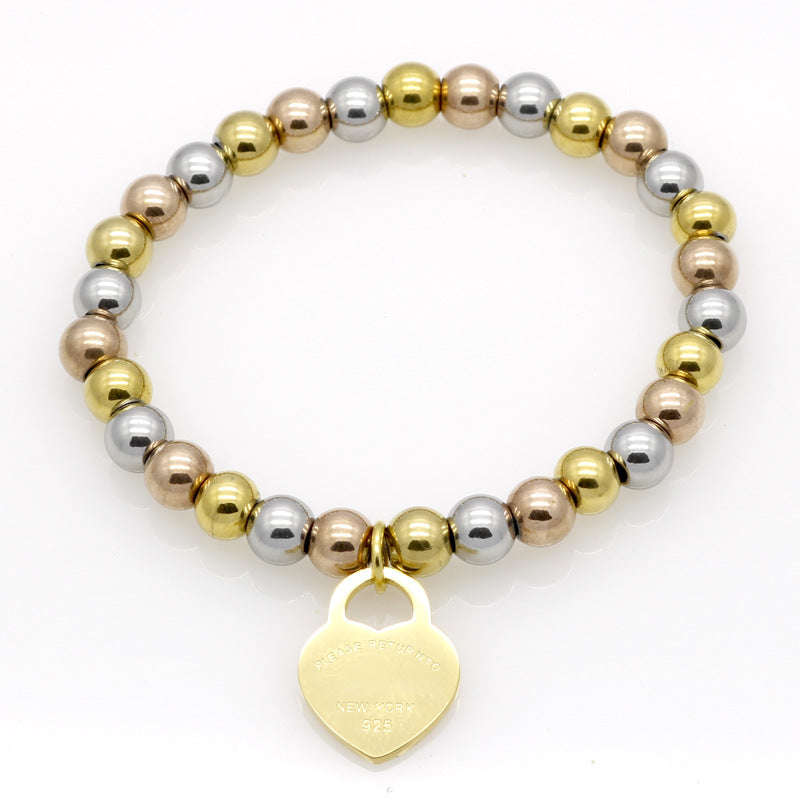 Women's Home Stainless Steel Peach Heart Ball Bead Chain Bracelet