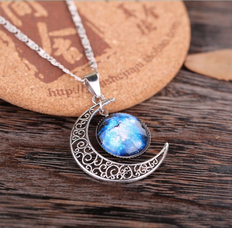 Starry Sky Moon Time Gem Cabochon Necklace