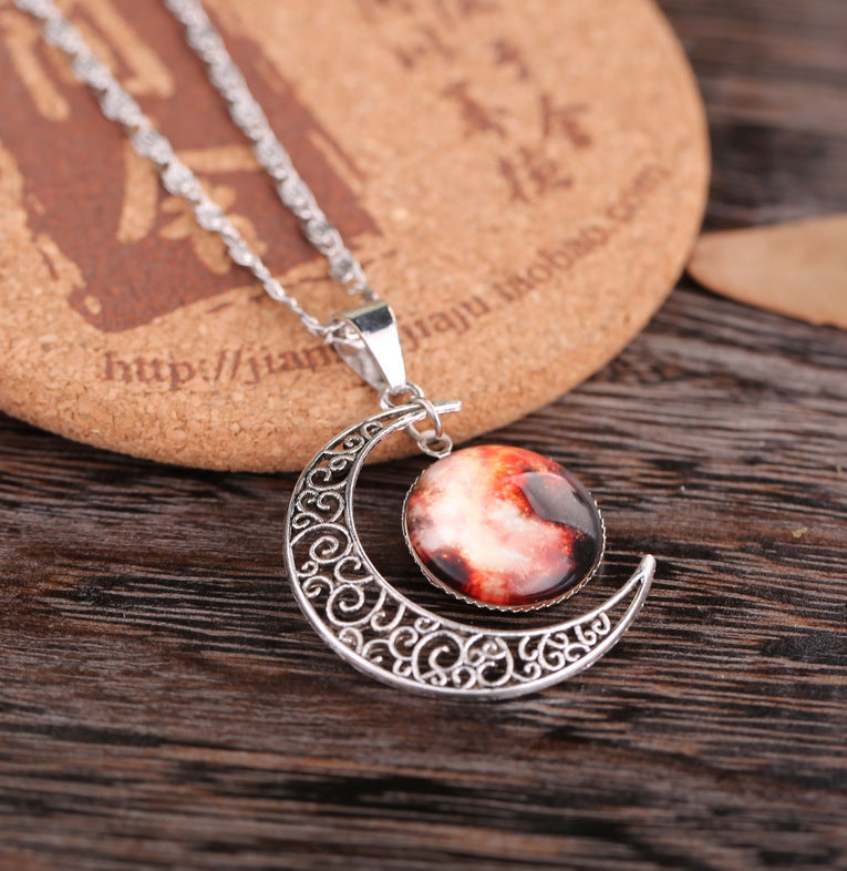 Starry Sky Moon Time Gem Cabochon Necklace