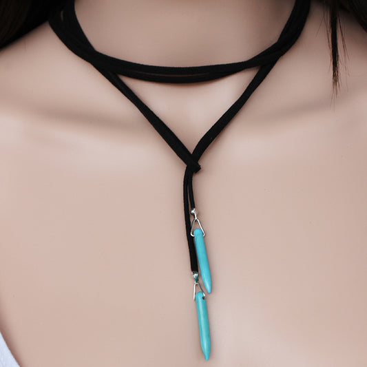 Style Long Veet Strap Natural Stone Turquoise Necklaces