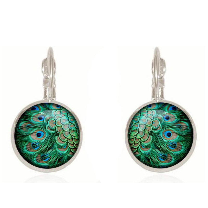 Hook Time Stone Feather Vintage Glass Stud Earrings
