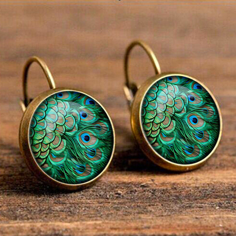 Hook Time Stone Feather Vintage Glass Stud Earrings
