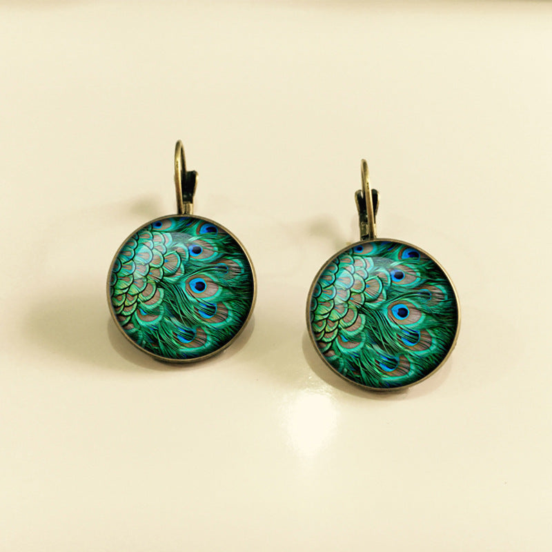 Hook Time Stone Feather Vintage Glass Stud Earrings