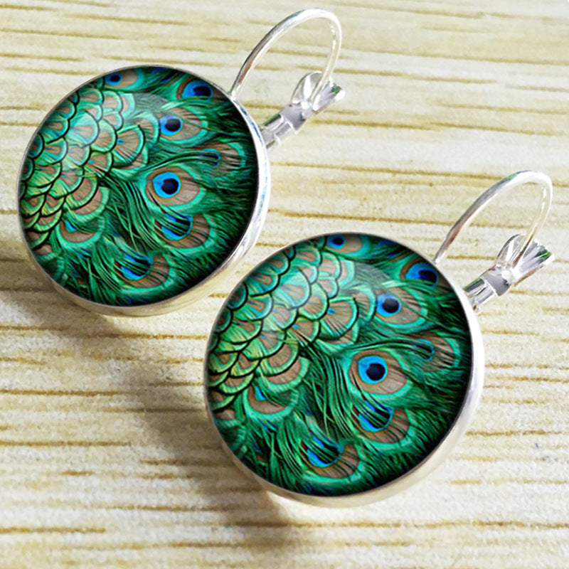 Hook Time Stone Feather Vintage Glass Stud Earrings