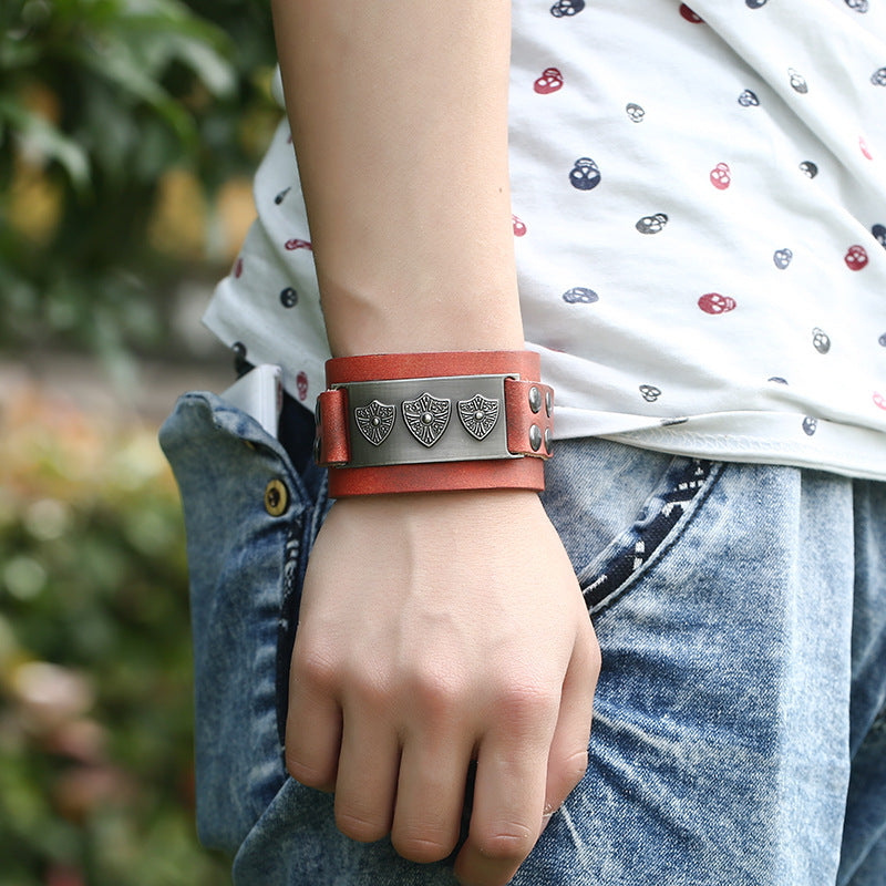 Men's Fashion Retro Real Leather Wide Rub Bracelets