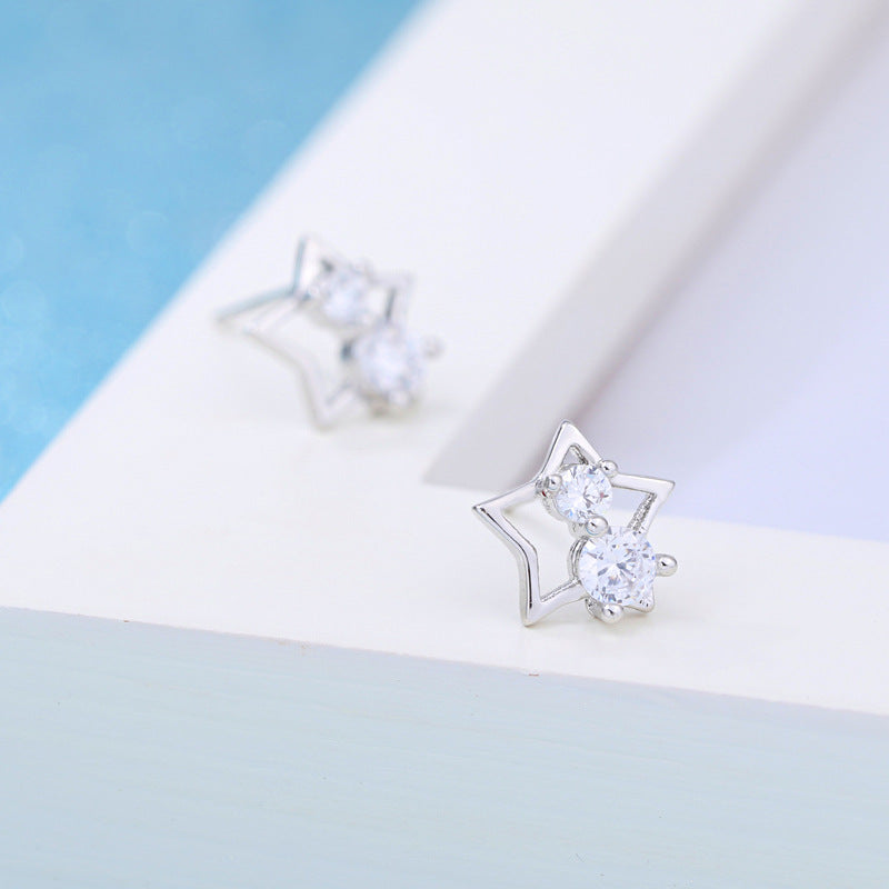 Lucky Five-pointed Star Zircon Rhinestone Sier-plated Earrings