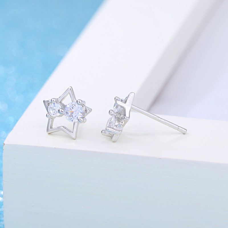 Lucky Five-pointed Star Zircon Rhinestone Sier-plated Earrings