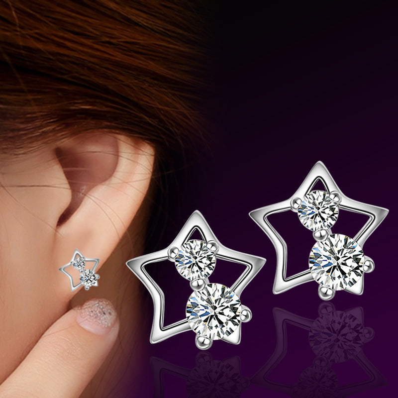 Lucky Five-pointed Star Zircon Rhinestone Sier-plated Earrings