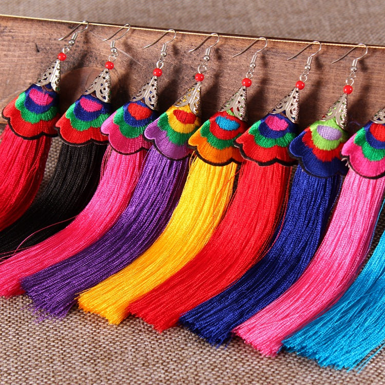 Ethnic Style Embroidered Tassel Retro Long Earrings