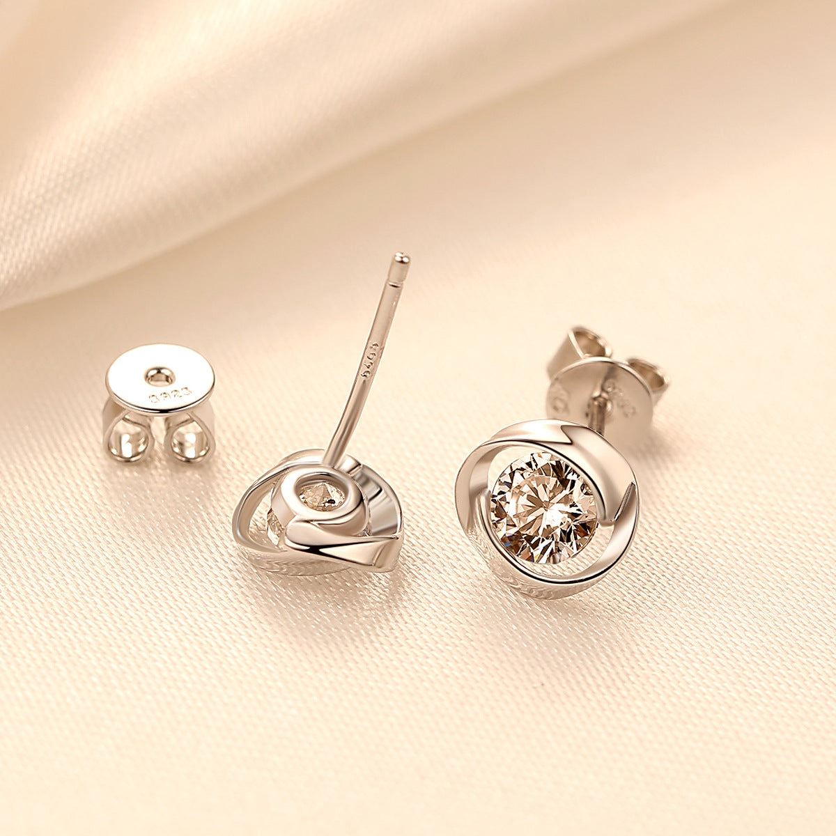 Women's Style Sier Round Zircon Windmill Rotating Stud Earrings