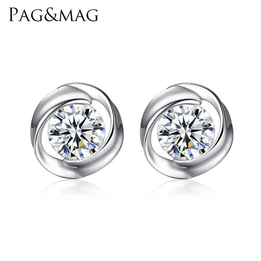 Women's Style Sier Round Zircon Windmill Rotating Stud Earrings