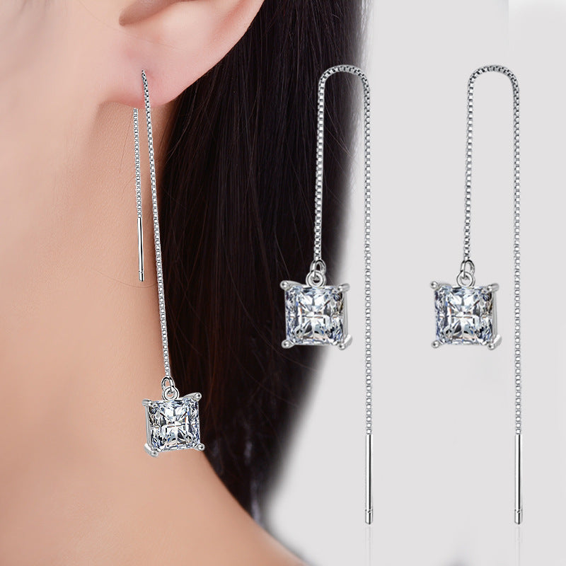 Combination Square Zircon Female Box Chain Wire Copper Earrings