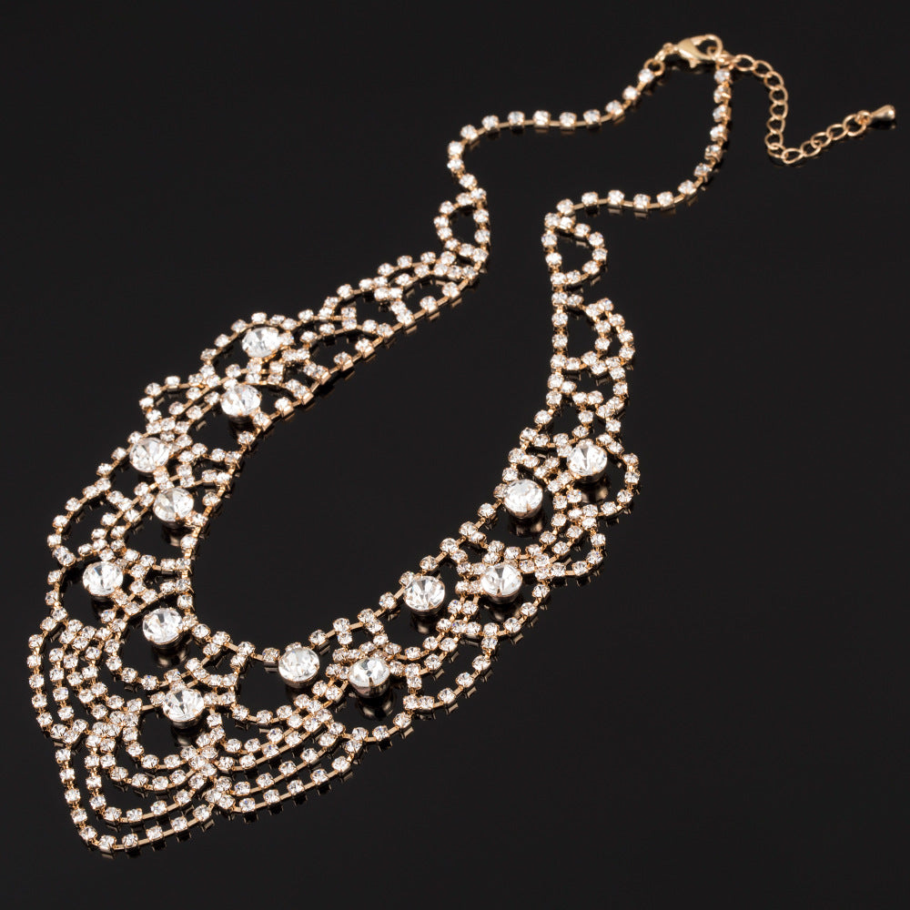 Luxurious Exaggerating Decorative Collarbone Chain Shiny Full Diamond Rhinestone Necklace