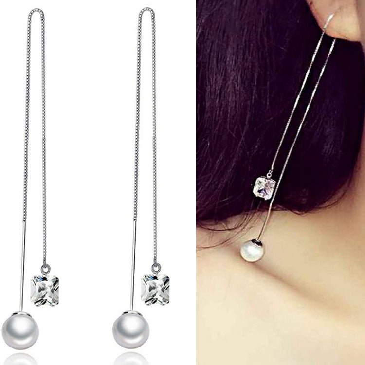 Shiny Square Zircon Pearl Ear String Long Fashion Earrings