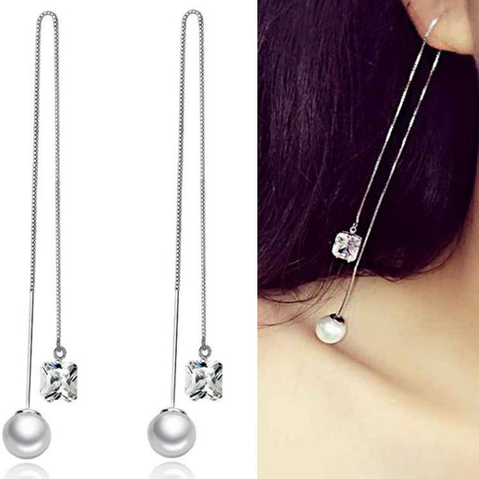 Shiny Square Zircon Pearl Ear String Long Fashion Earrings