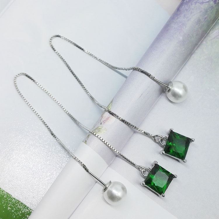 Shiny Square Zircon Pearl Ear String Long Fashion Earrings