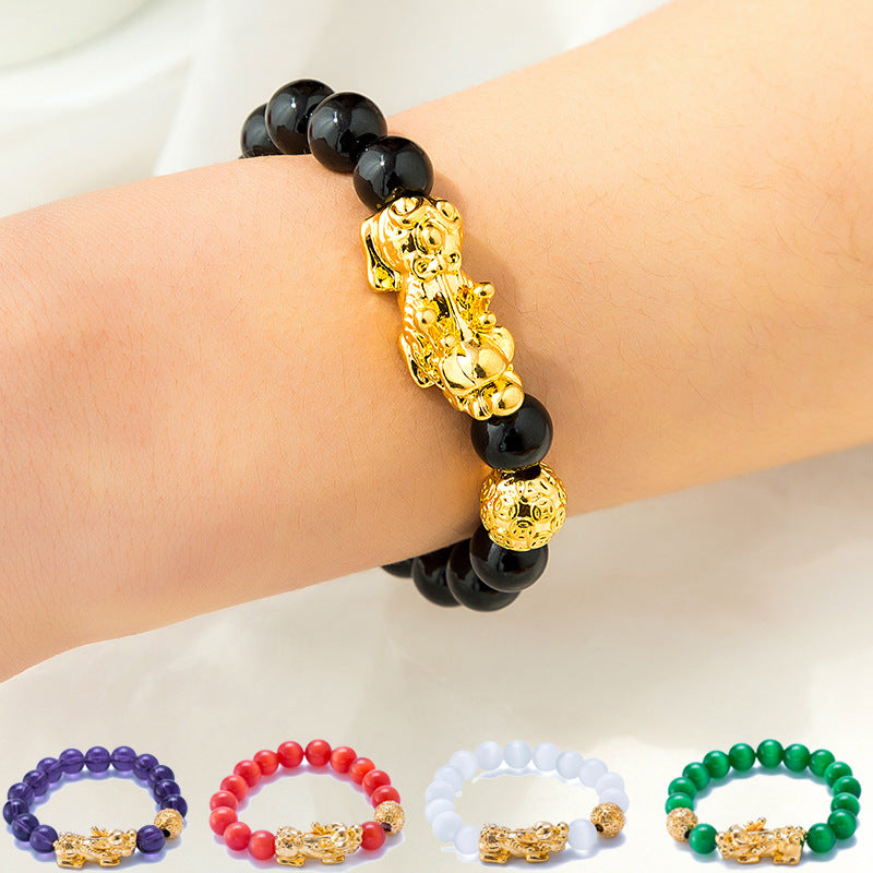Men's & Women's Agate Couple Six Words Mantra Alluvial Gold Gilt Beaded Bracelet
